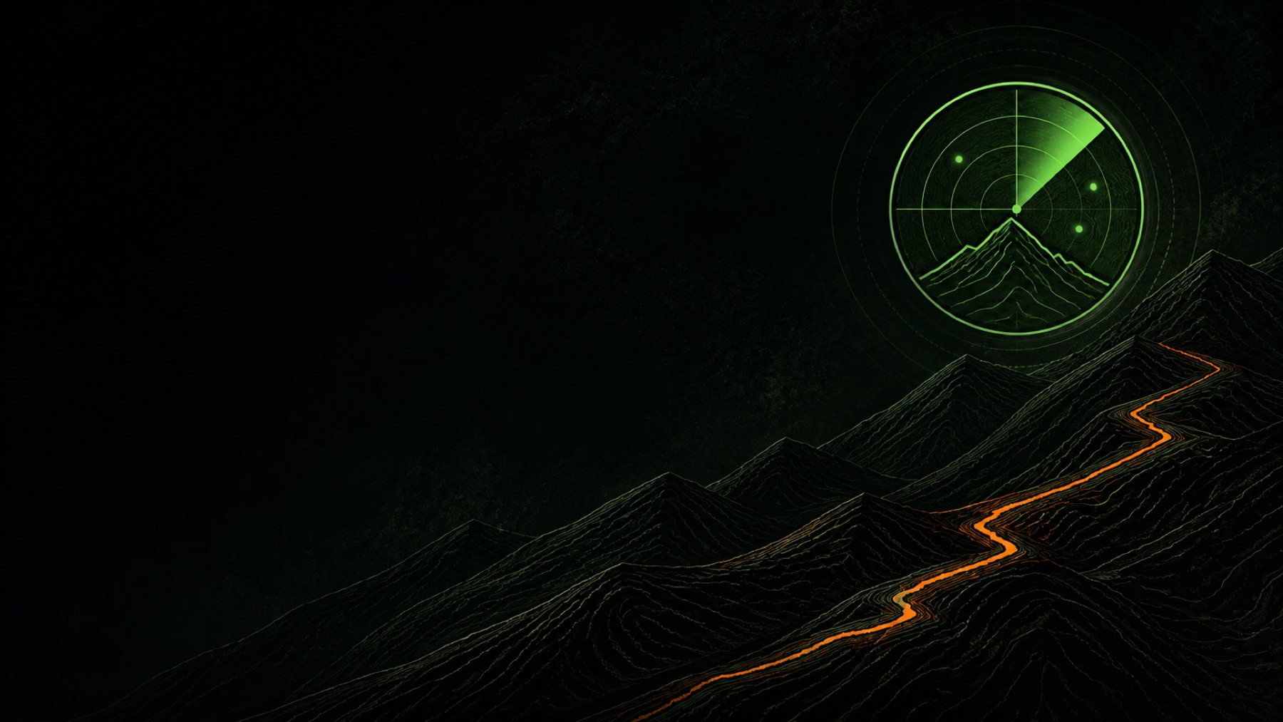 Dark topographic mountain landscape with a green radar and orange trail line